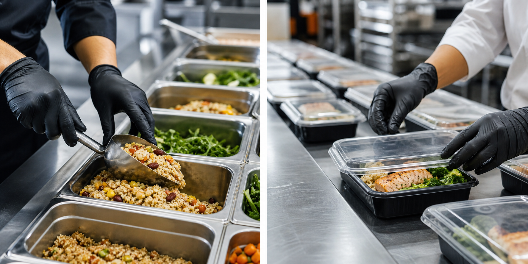 Commercial kitchen team serving food from gastronorm pans
