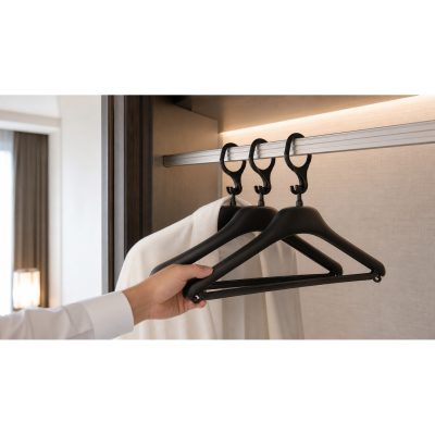 Hotel attendant using black plastic anti-theft hangers with security hooks on a wardrobe rail
